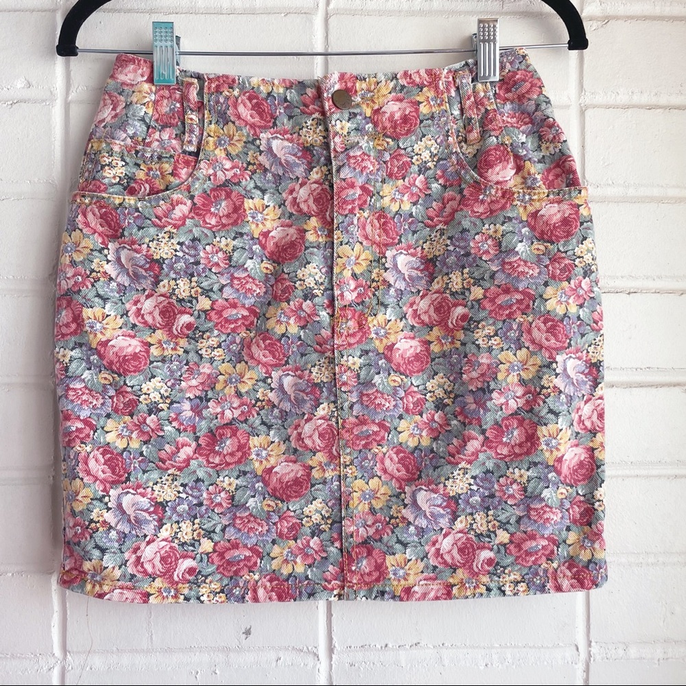 VINTAGE Paris Blues Floral Denim Mini Skirt - Picture 1 of 6